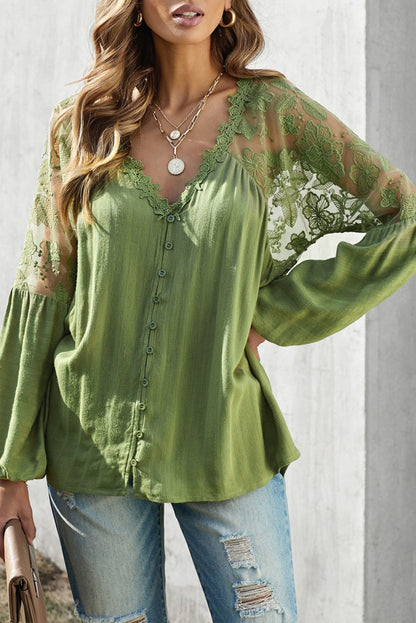 V Neckline Lace Shoulder Patchwork Blouse Kiwidrop