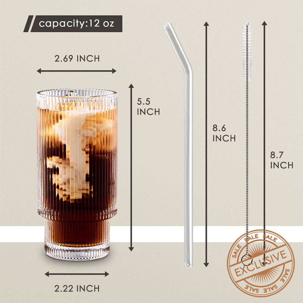 Gracenal 12oz Ribbed Glass Cups with Straws