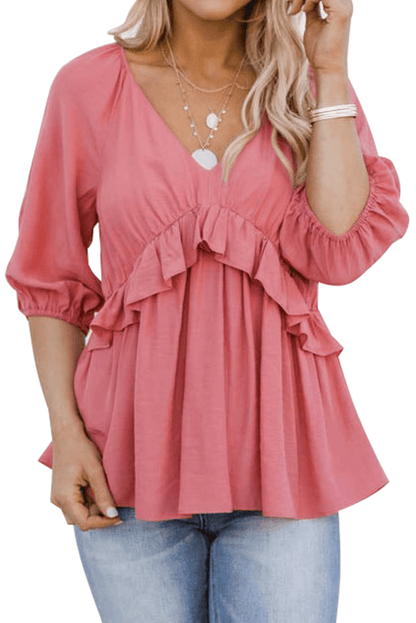 Pink Ruffled Half Sleeve V Neck Babydoll Top Kiwidrop