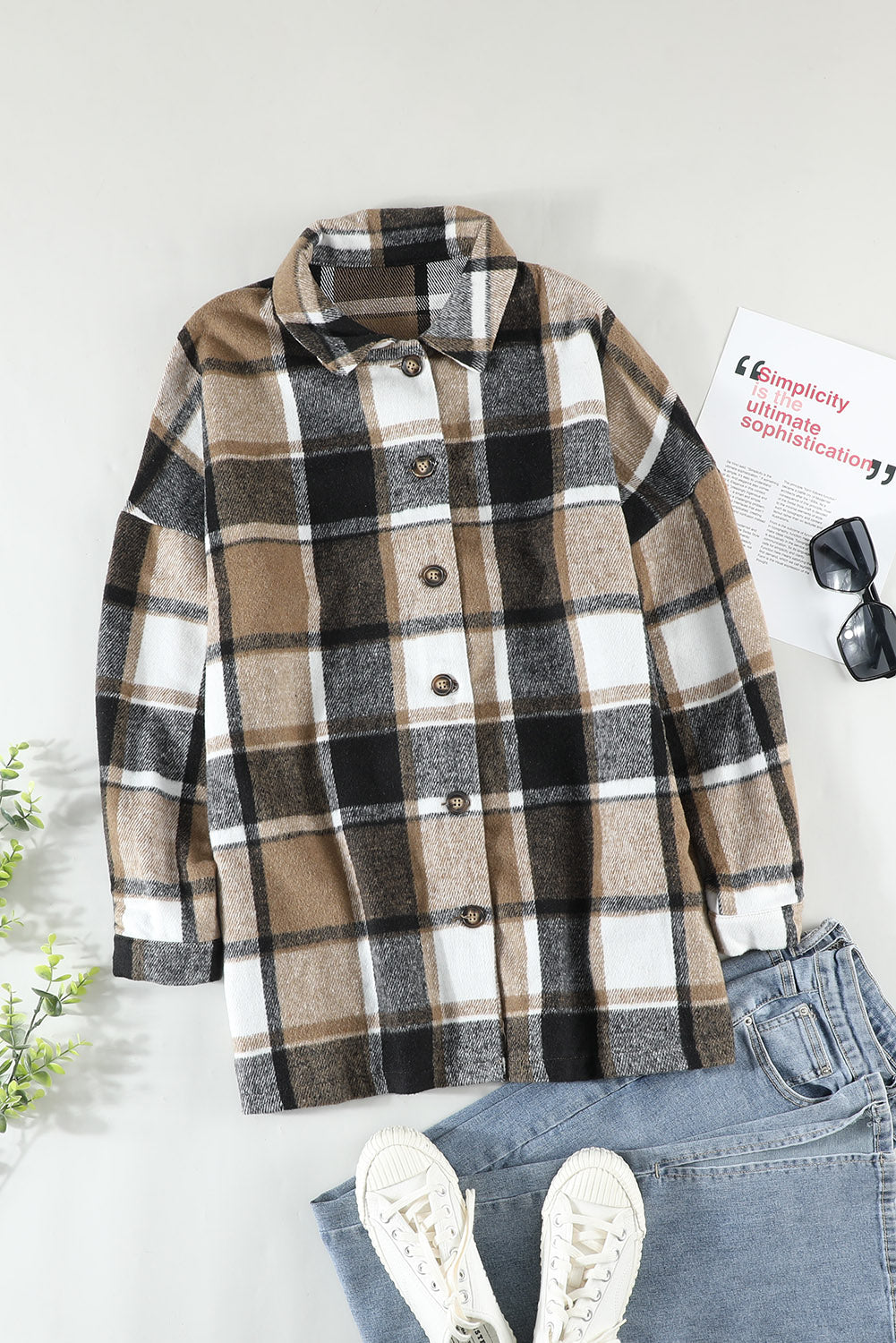 Plaid Print Buttoned Shirt Jacket Kiwidrop