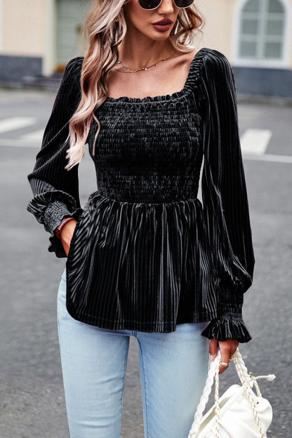 Smocked Square Neck Long Sleeve Blouse