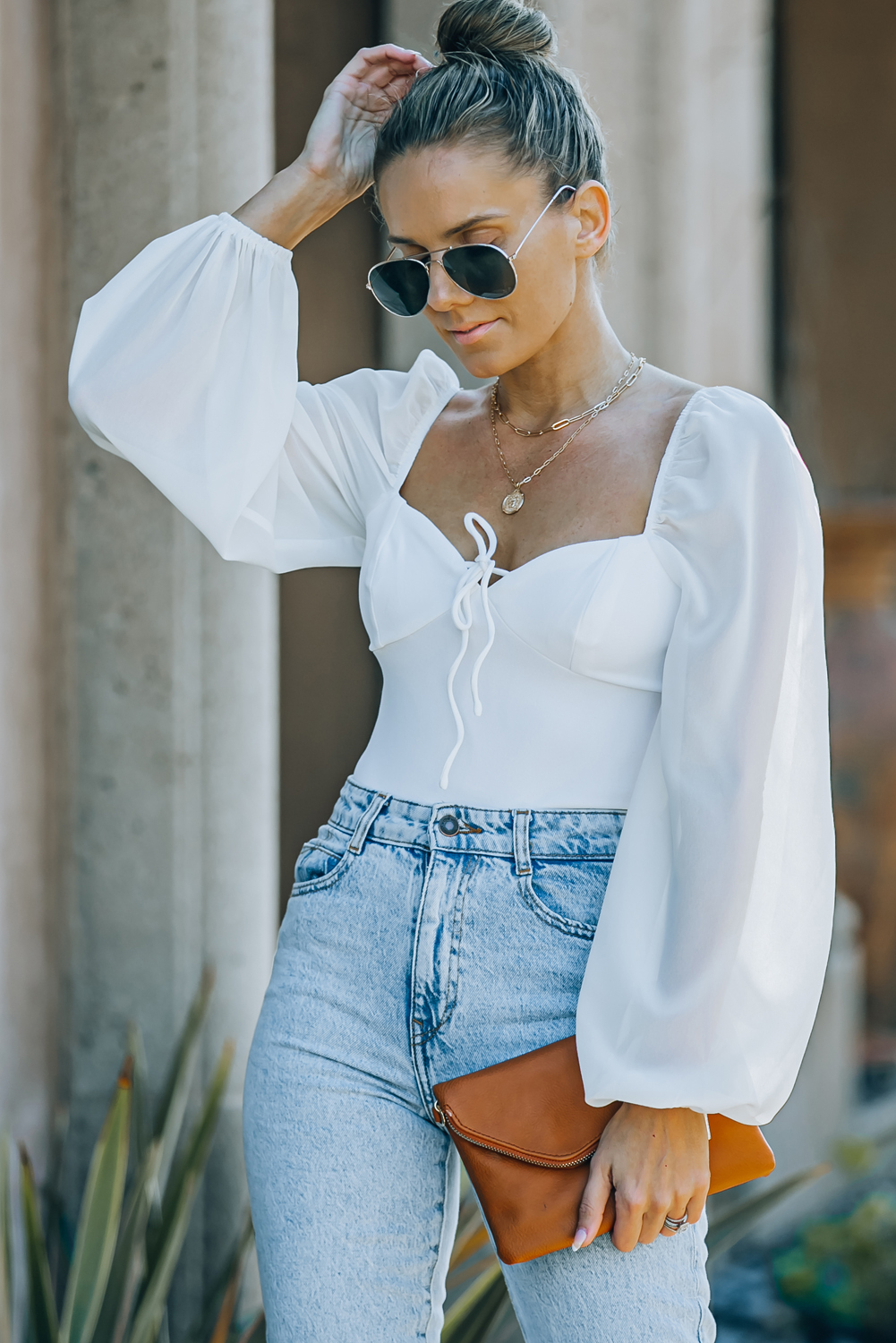 White Criss Cross Backless Puff Sleeve Bodysuit Kiwidrop