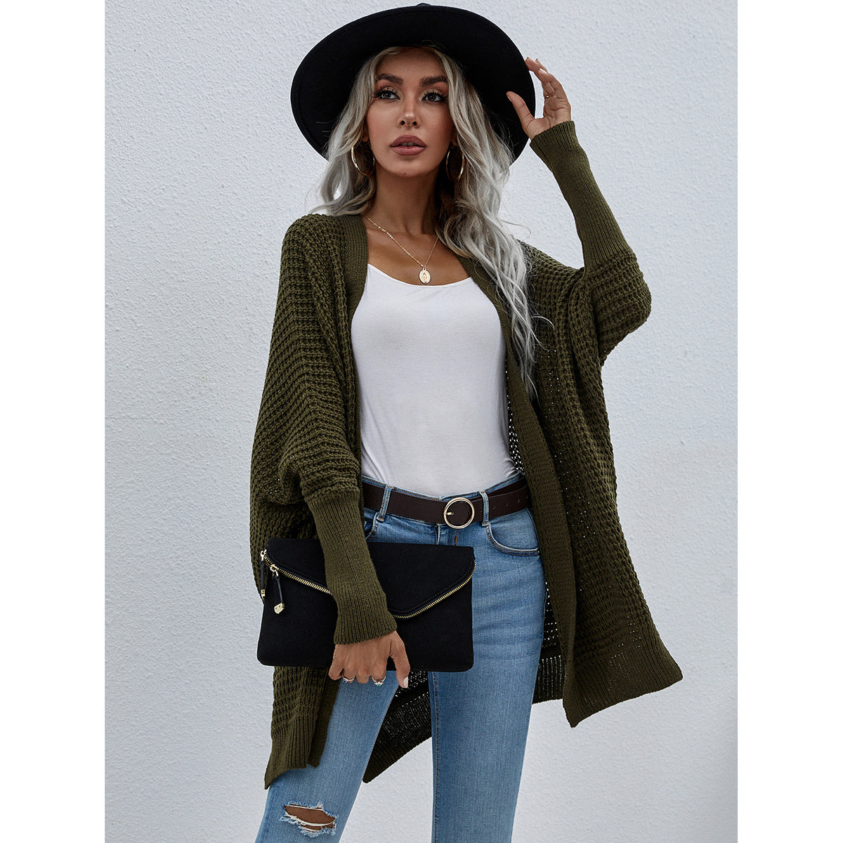 Waffle Knit Open Front Cardigan Trendsi