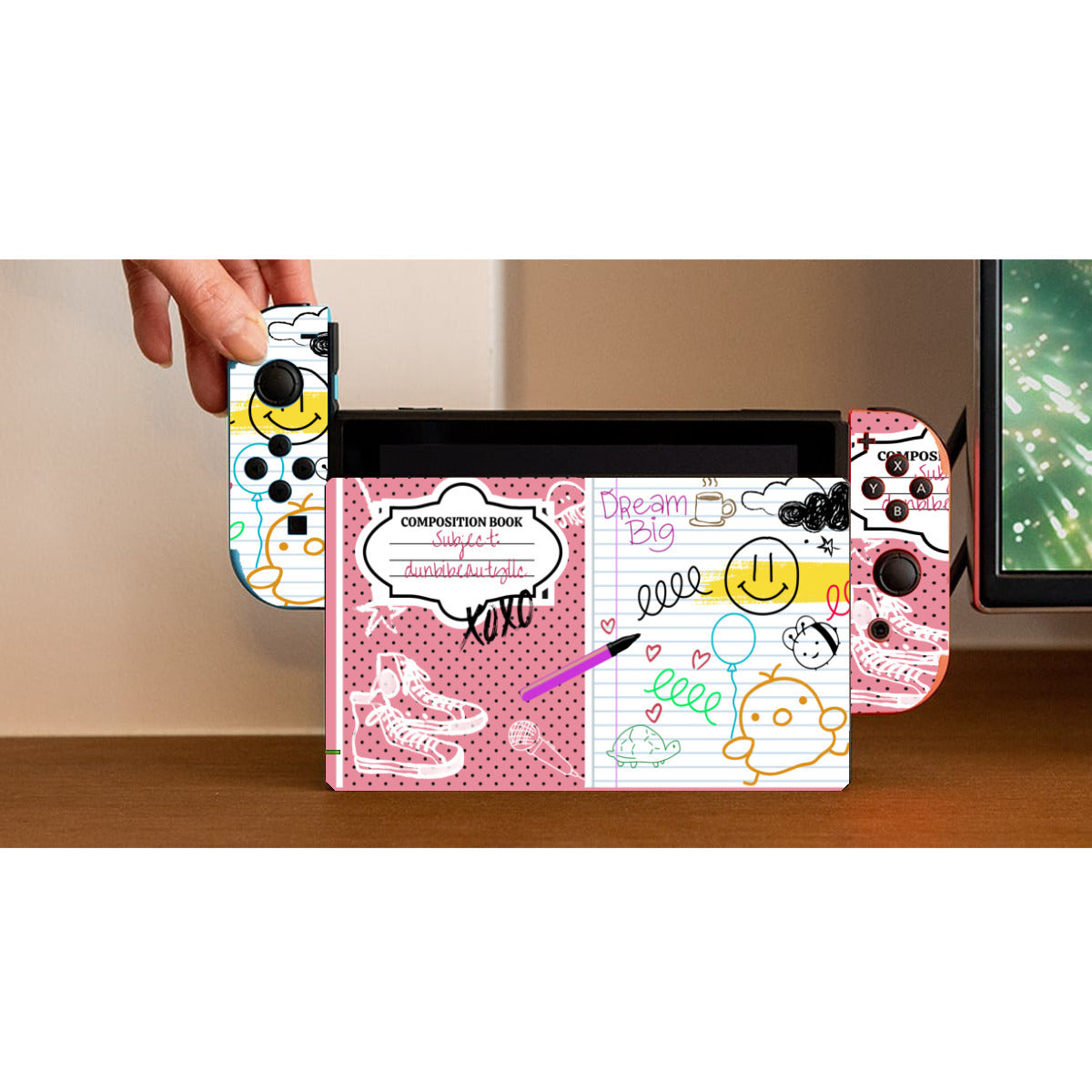 Nintendo Switch Game Console Stickers ｜PVC - Back to School, Composition Notebook Style, Doodles, Scribbles, Writing, Girl, Pink (Designed by Dunbi)