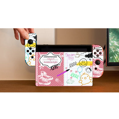 Nintendo Switch Game Console Stickers ｜PVC - Back to School, Composition Notebook Style, Doodles, Scribbles, Writing, Girl, Pink (Designed by Dunbi)