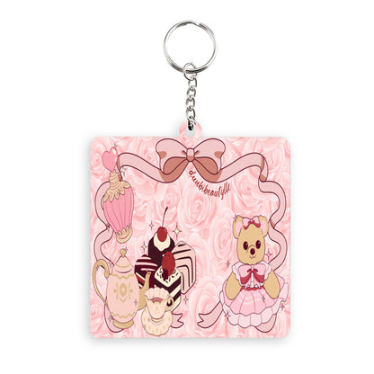 Wooden square keychain (double-sided design) |Cute Teddy Bear, Tea Party, Ribbon, Bows, Cakes, Cute, Victorian, Doll, Cute Girl, Pink Style 2, Roses (Designed by Dunbi)