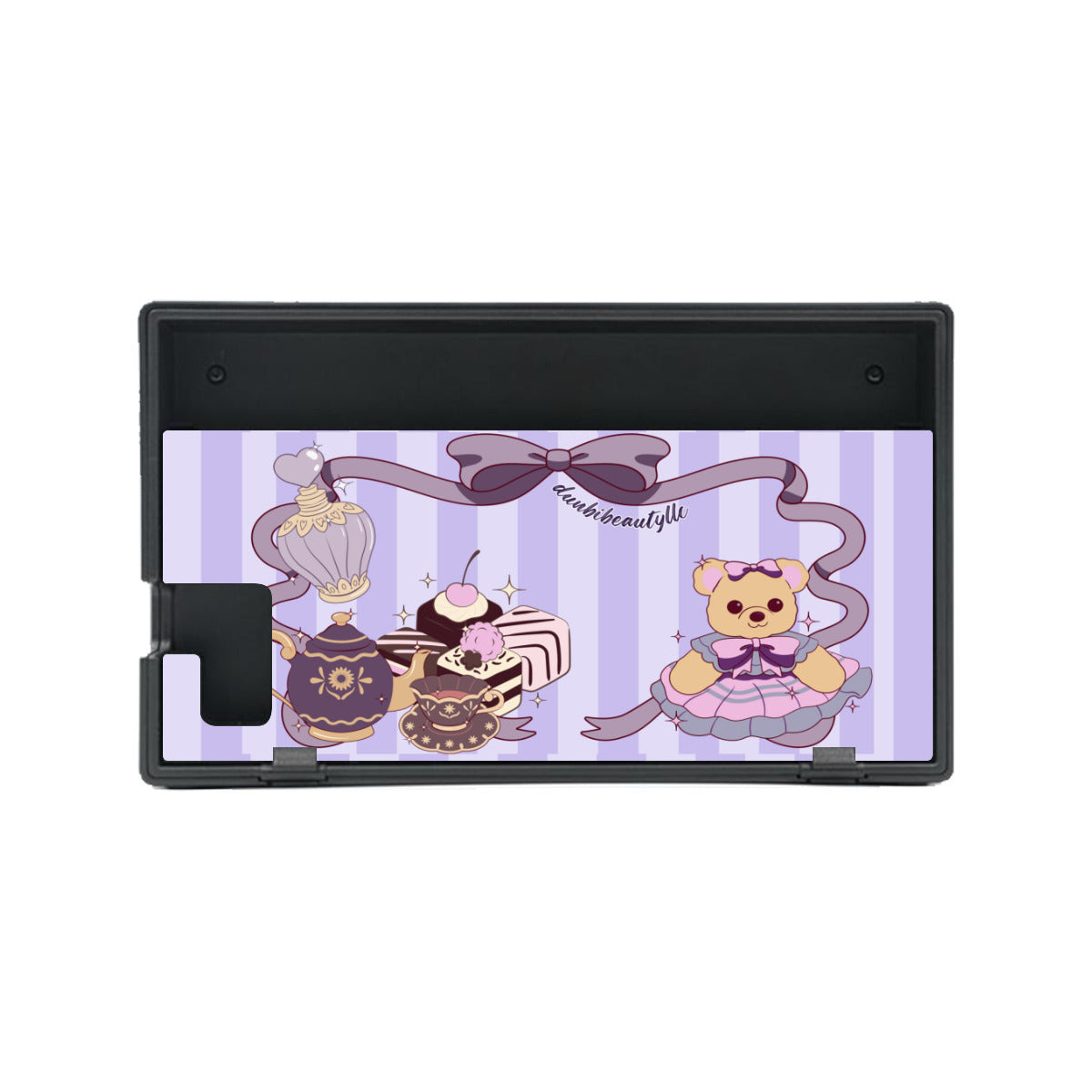 Nintendo Switch Game Console Stickers ｜PVC -Cute Teddy Bear, Tea Party, Ribbon, Bows, Cakes, Cute, Victorian, Doll, Cute Girl, Purple Style 1, Stripes (Designed by Dunbi)