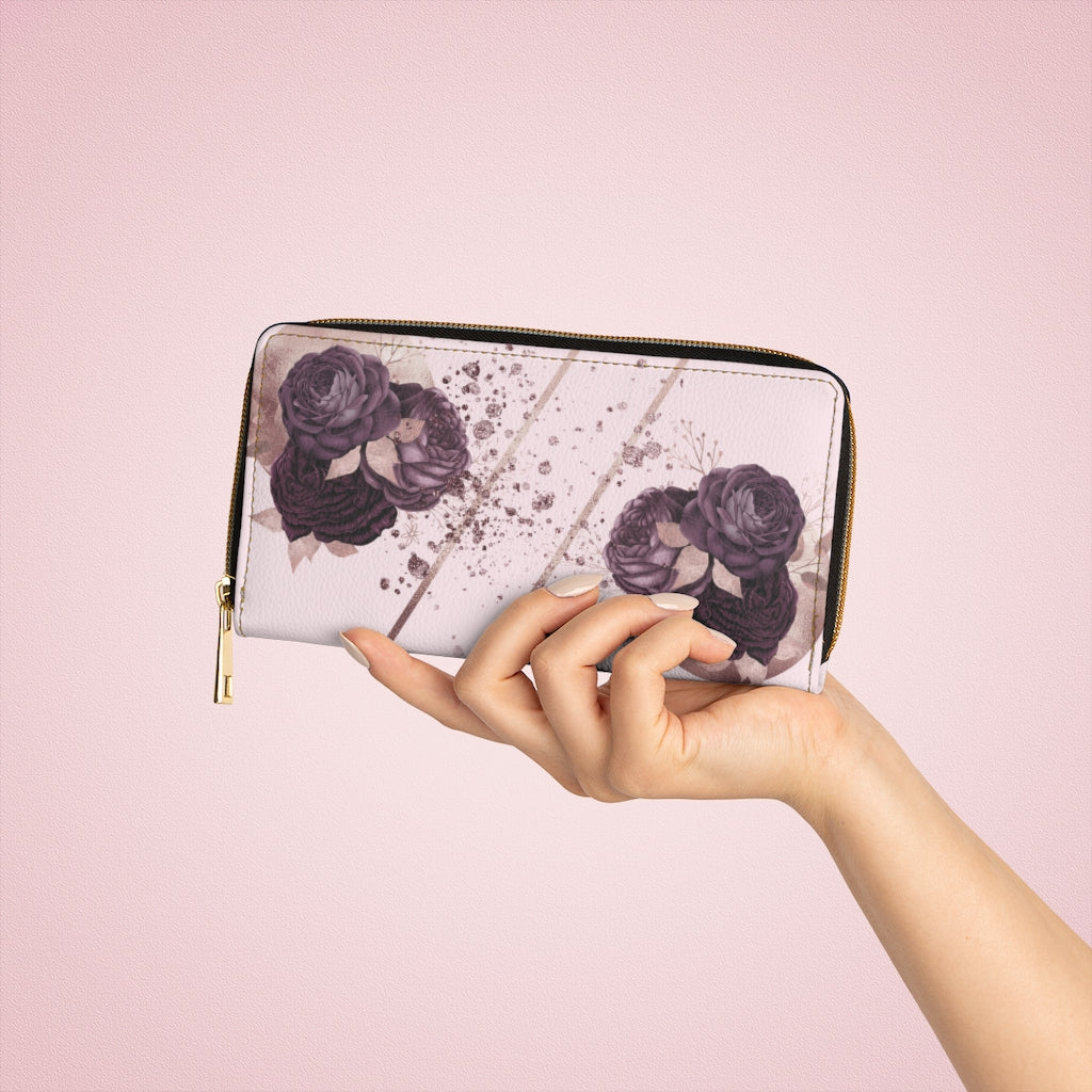 Women's Pink Zipper Wallet with Purple Flowers Printify