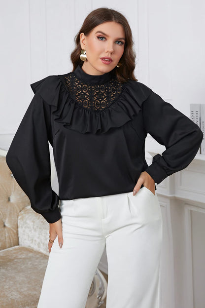 Plus Size Ruffle Trim Mock Neck Blouse