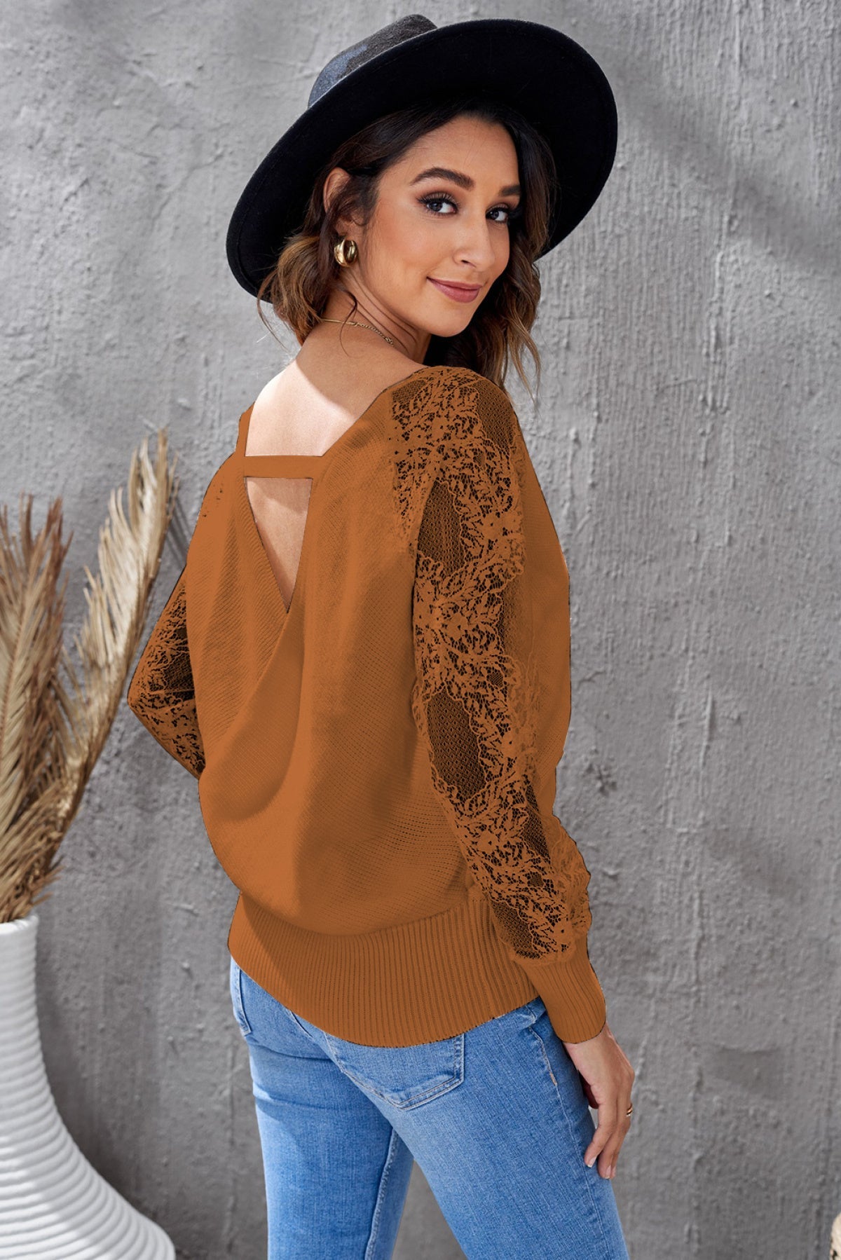 Sexy V Neck Surplice Hollow-Out Sweater With Lace Sleeves Kiwidrop