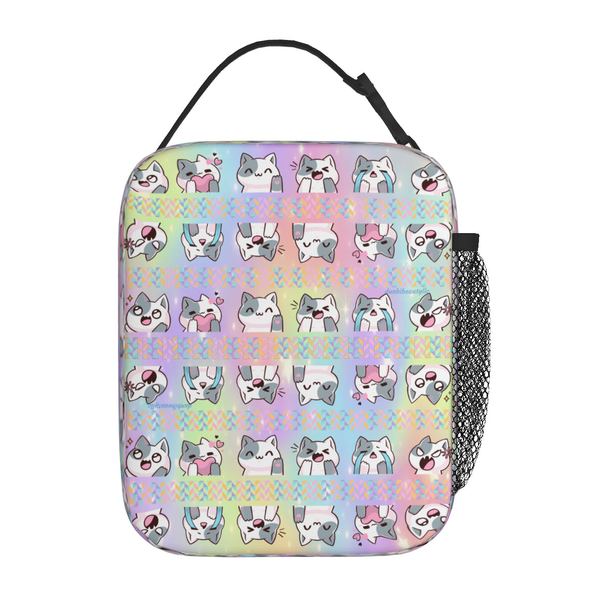 Portable Handheld Insulated Lunch Bag｜Oxford Cloth -Kawaii Cat, Anime Style, Cartoon, Emotions, Happy, Sad, Angry, Laughing, Pastel Rainbow Background (Designed by Dunbi)