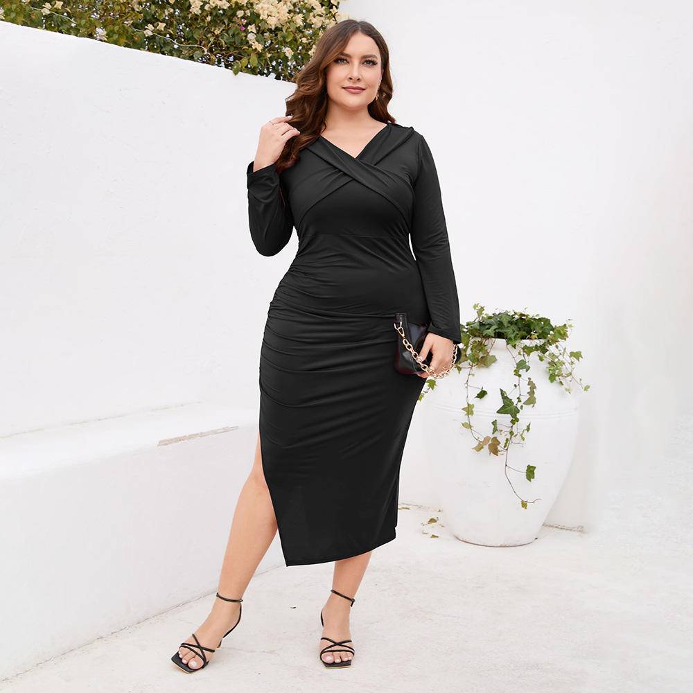 Plus Size V-neck Crisscross Slit Tube Dress