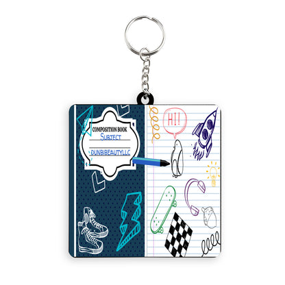 Wooden square keychain (double-sided design) | MDF - Back to School, Composition Notebook Style, Doodles, Scribbles, Writing, Boy, Blue (Designed by Dunbi)