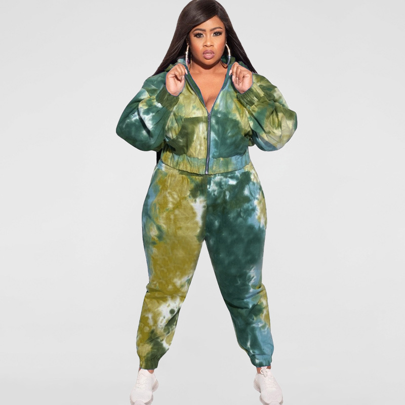 Women's Plus Size Tie Dye Casual Jacket & Pants Set Kiwidrop