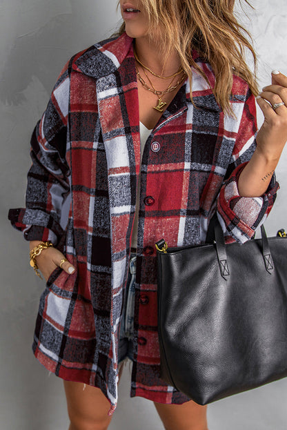 Plaid Print Buttoned Shirt Jacket Kiwidrop