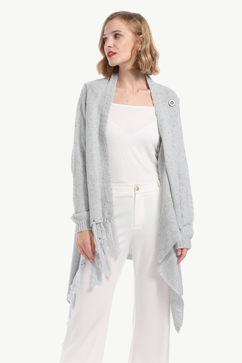 One-Button Tassel Tie Asymmetrical Hem Cardigan Trendsi