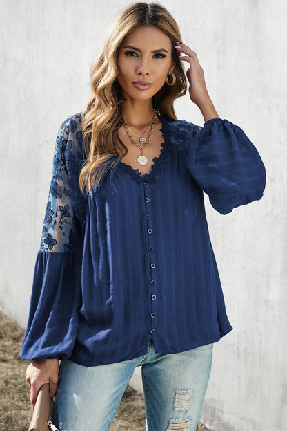 V Neckline Lace Shoulder Patchwork Blouse Kiwidrop