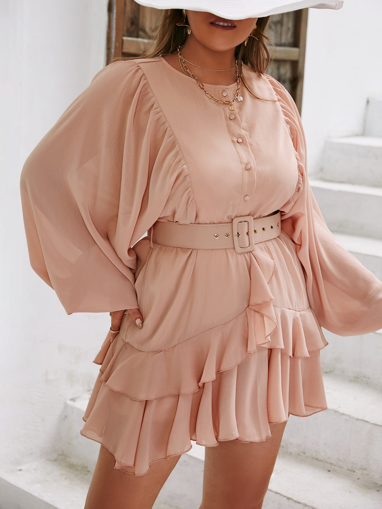 Plus Lantern Sleeve Ruffle Hem Belted Dress Kiwidrop