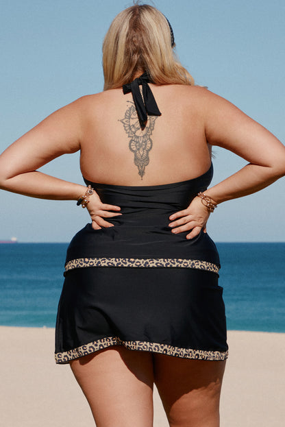 Plus Size Leopard Halter Neck Two-Piece Swimsuit Trendsi