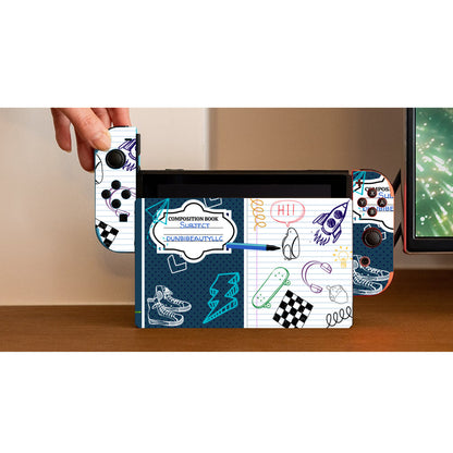 Nintendo Switch Game Console Stickers ｜PVC - Back to School, Composition Notebook Style, Doodles, Scribbles, Writing, Boy, Blue (Designed by Dunbi)