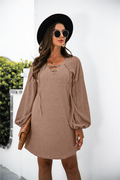 Balloon Sleeve Crisscross Detail Knit Dress