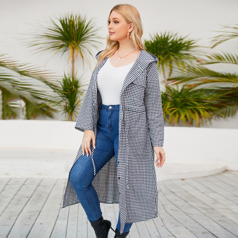 Plus Size Plaid Belted Hooded Long Coat Kiwidrop