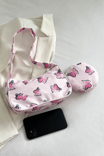 Butterfly Print Shoulder Bag with Purse