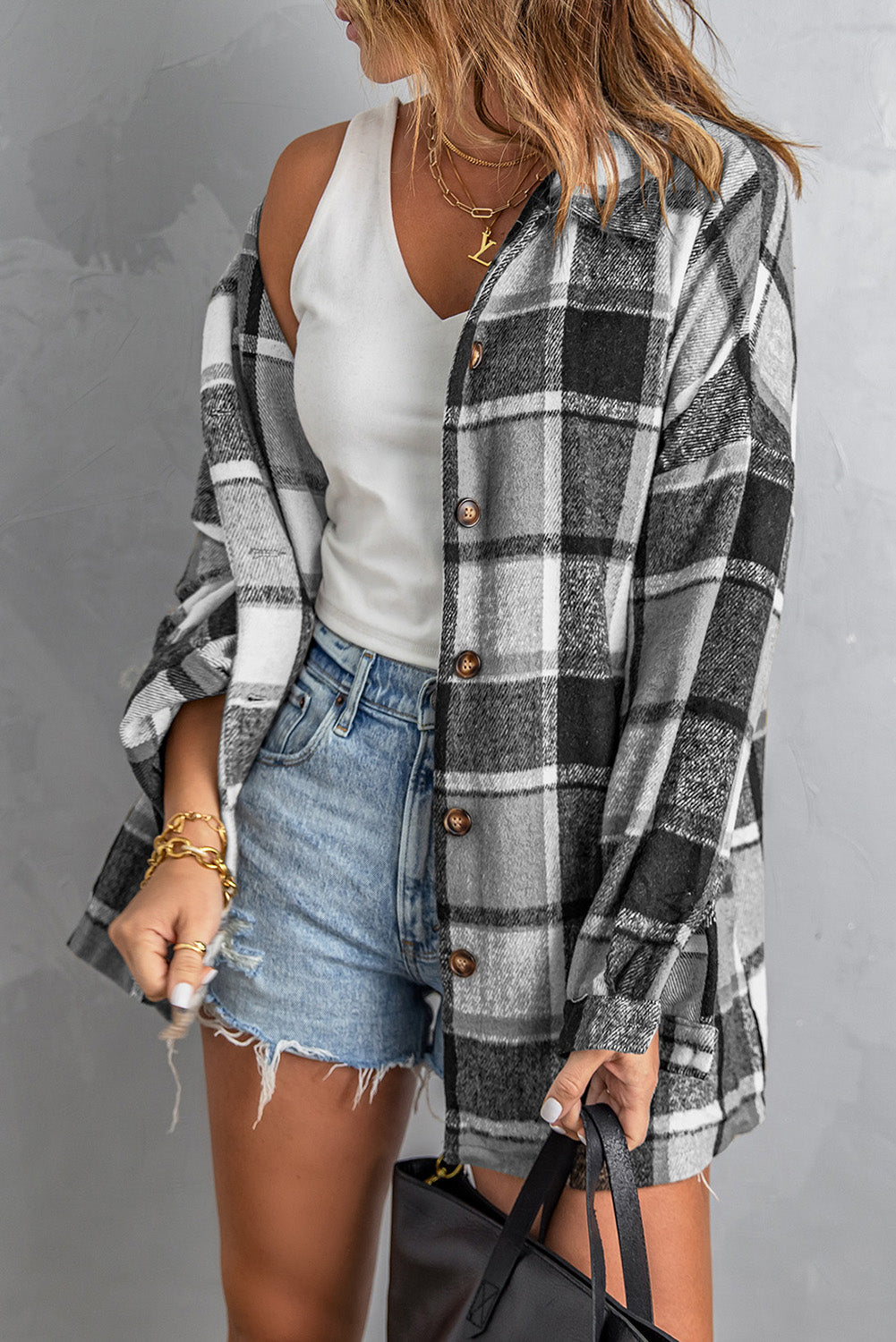 Plaid Print Buttoned Shirt Jacket Kiwidrop