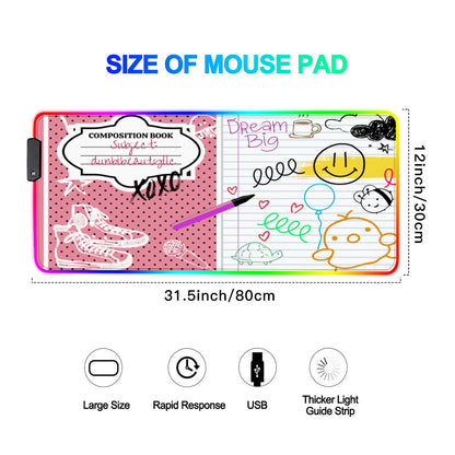 Multi-Interface Lighted Mouse Pad｜Rubber -Back to School, Composition Notebook Style, Doodles, Scribbles, Writing, Girl, Pink (Designed by Dunbi)