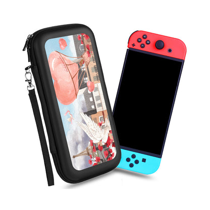 Nintendo Switch Storage Bag (Double-Sided Printing)｜Eva Material -Love Up in a Hot Air Balloon, Paris, Eiffel Tower, Dove, Flowers, Girl, Sky, Hearts (Designed by Dunbi)