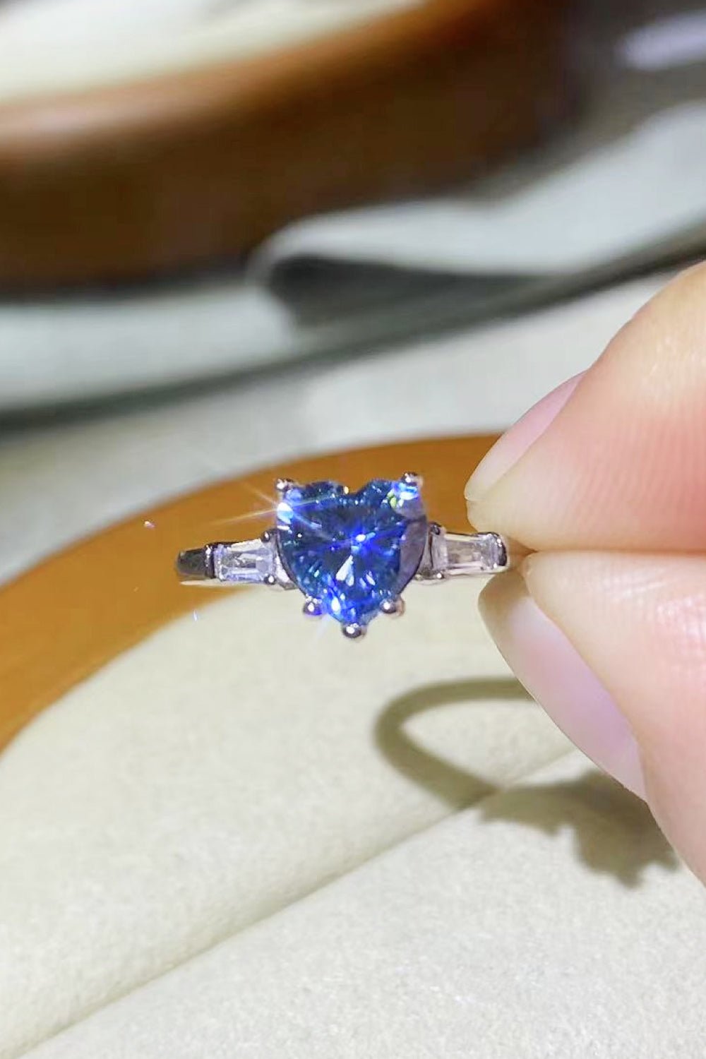 1 Carat Moissanite Heart-Shaped Platinum-Plated Ring in Blue - DunbiBeauty, LLC