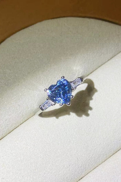 1 Carat Moissanite Heart-Shaped Platinum-Plated Ring in Blue - DunbiBeauty, LLC