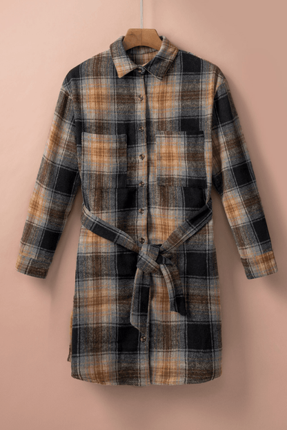 Plaid Chest Pocket Shirt Mini Dress With Belt Kiwidrop