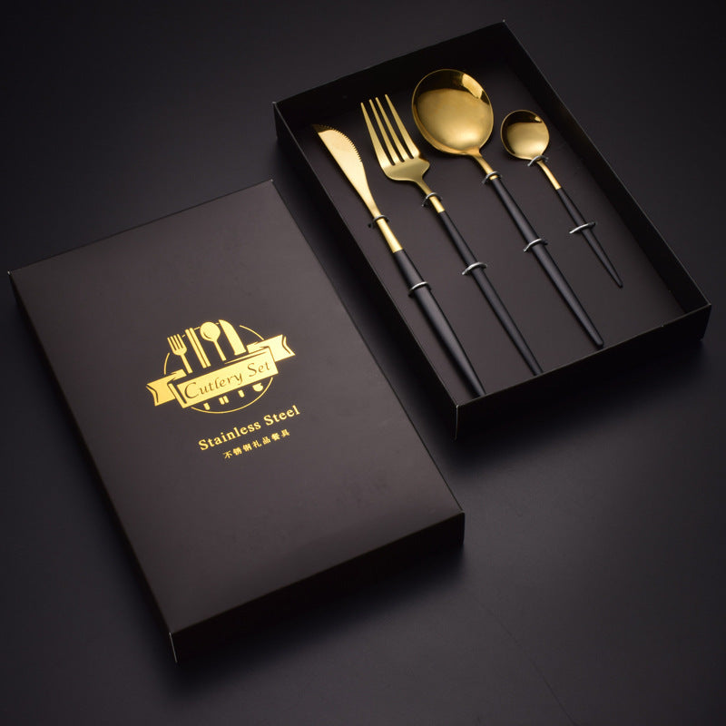 Stainless Steel Dinnerware Set Black Gold Cutlery Spoon Fork Knife Western Cutleri Gift Box Supplies Silverware Tableware Set Larnt