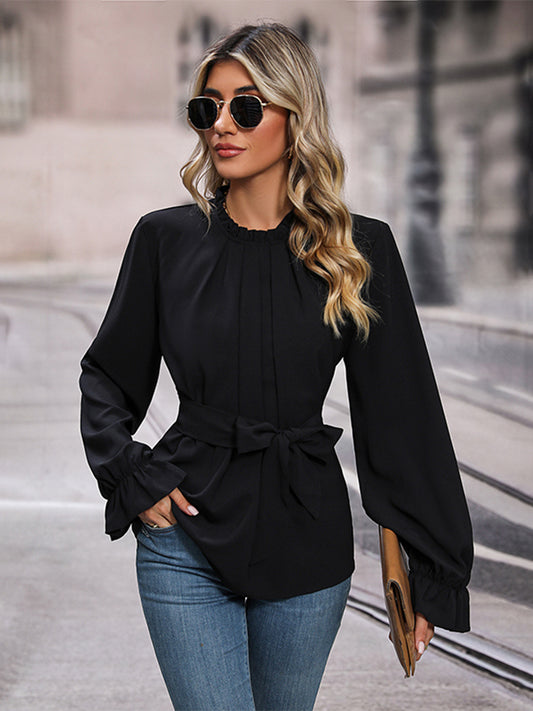 Round Neck Tie Waist Long Sleeve Blouse