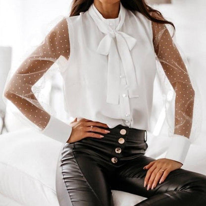 Polka Dot Mesh Sleeve Tie Shoulder Shirt