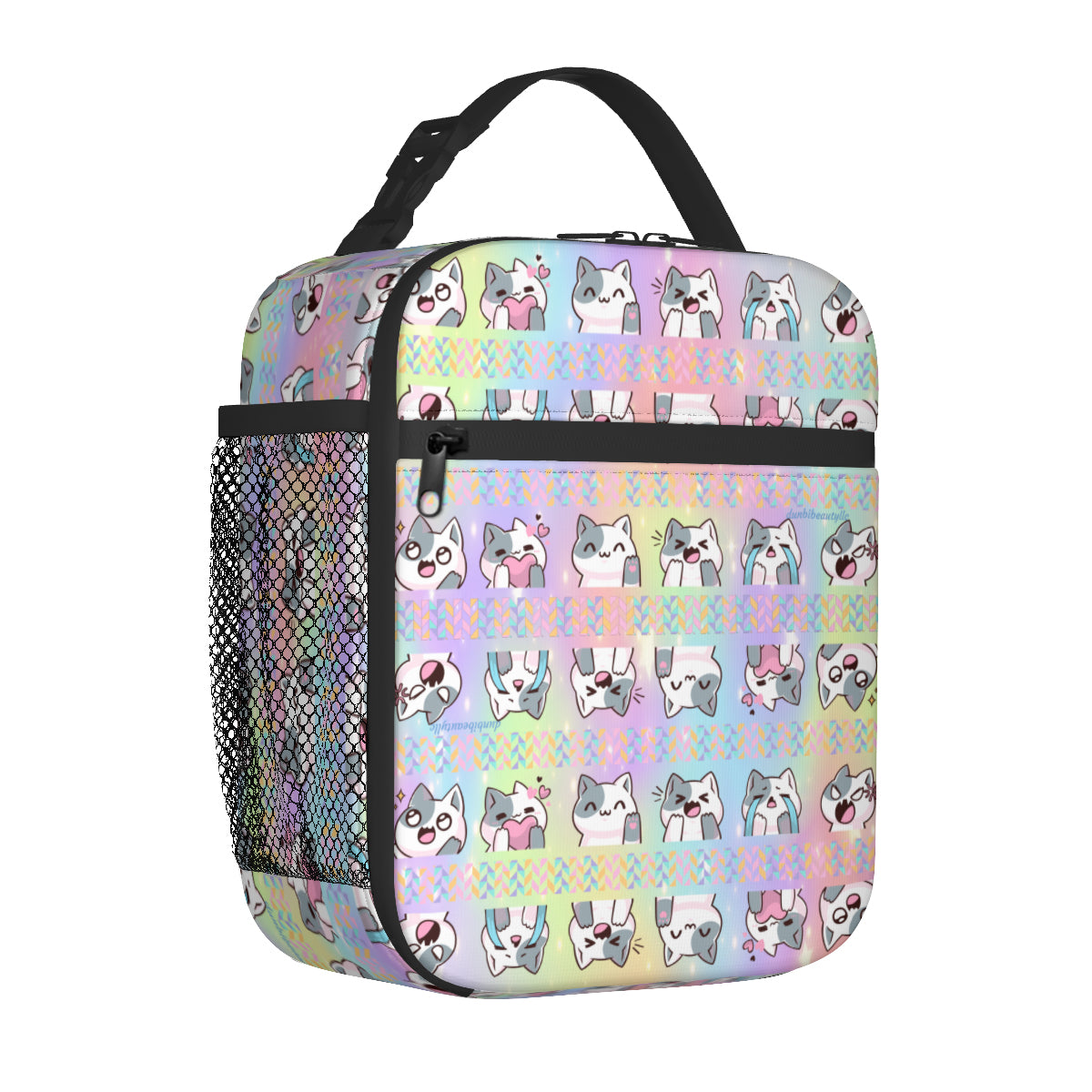 Portable Handheld Insulated Lunch Bag｜Oxford Cloth -Kawaii Cat, Anime Style, Cartoon, Emotions, Happy, Sad, Angry, Laughing, Pastel Rainbow Background (Designed by Dunbi)