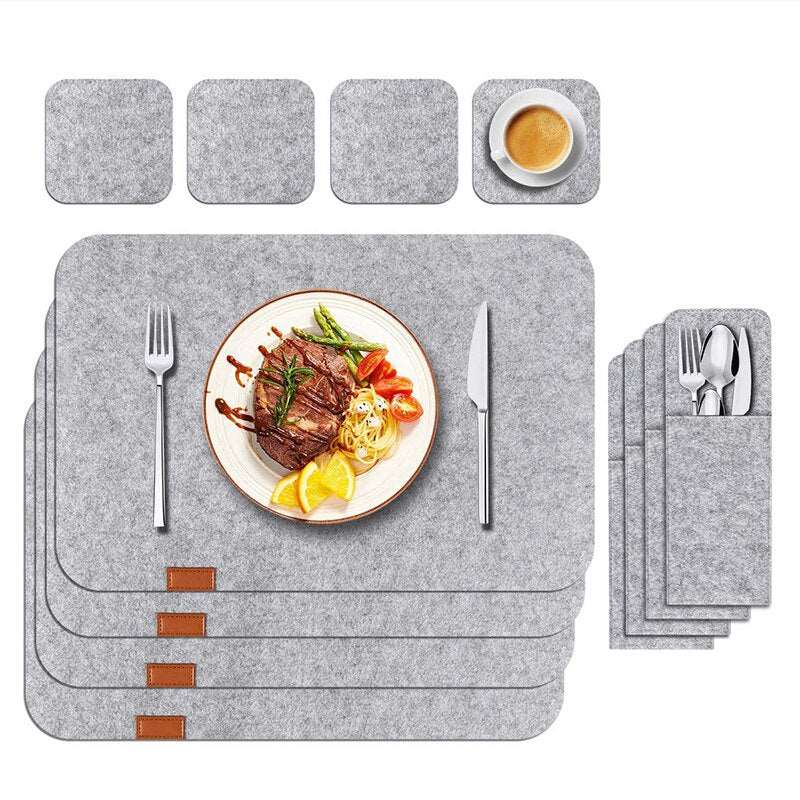 12Pcs/18Pcs Anti-Slip Natural Felt Dining Table Placemats Set Heat Insulated Coasters Kitchen Cutlery Storage Bags - DunbiBeauty, LLC