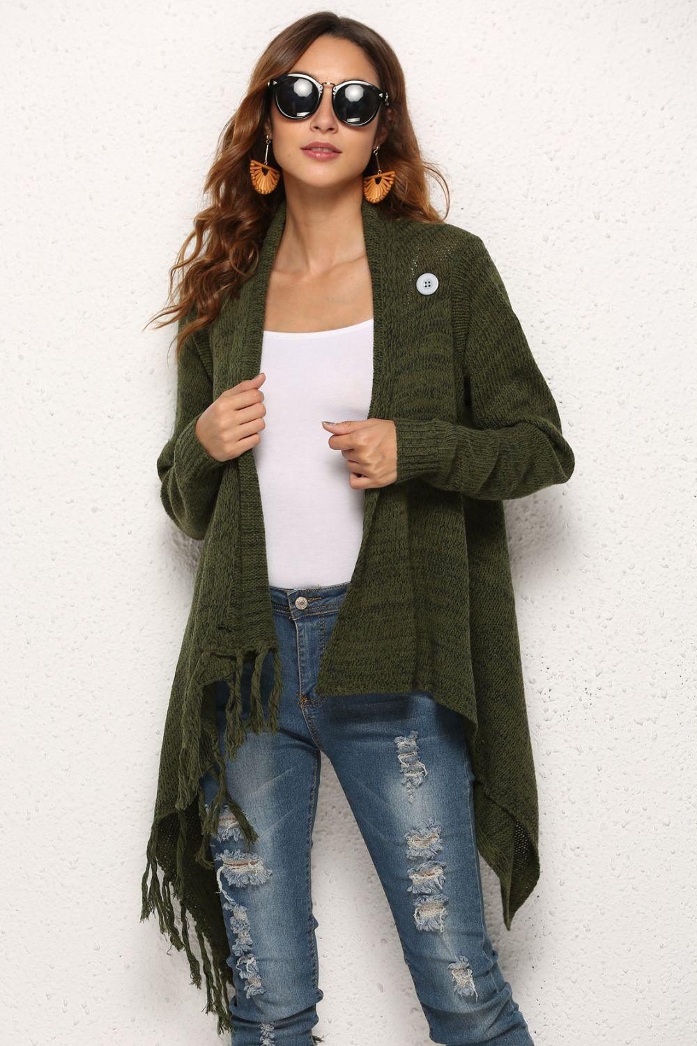 One-Button Tassel Tie Asymmetrical Hem Cardigan Trendsi