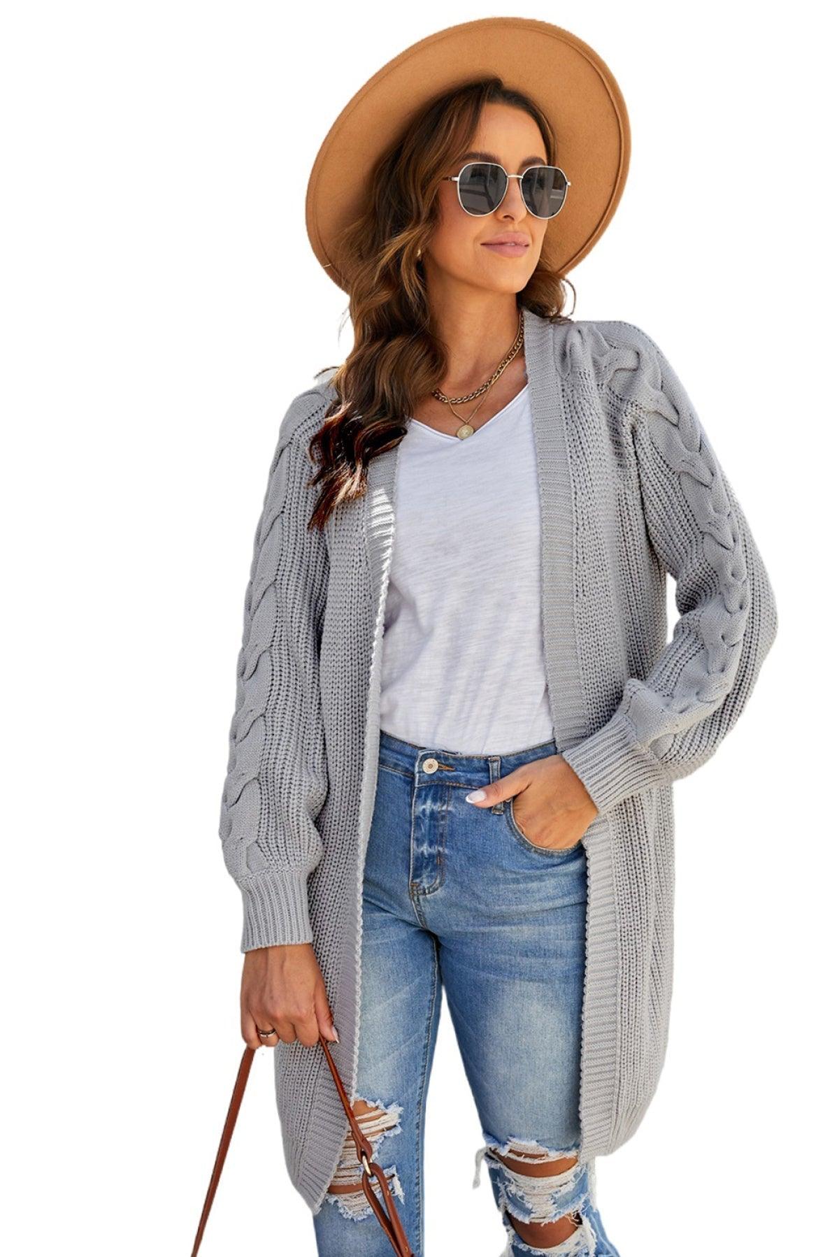 Open Front Cable Sleeve Long Cardigan Kiwidrop