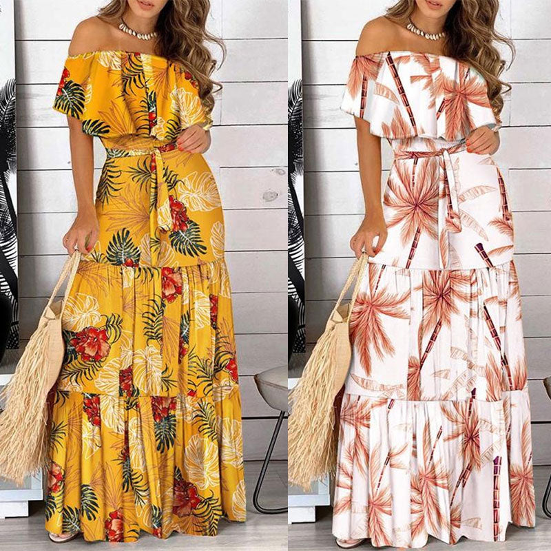 Women's Tropical Print Off Shoulder Dress nihaodropshipping