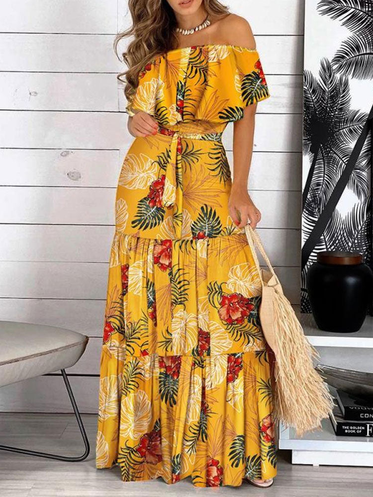 Women's Tropical Print Off Shoulder Dress nihaodropshipping