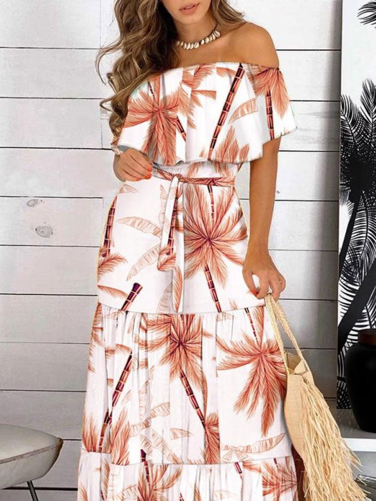 Women's Tropical Print Off Shoulder Dress nihaodropshipping