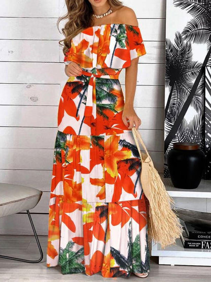 Women's Tropical Print Off Shoulder Dress nihaodropshipping