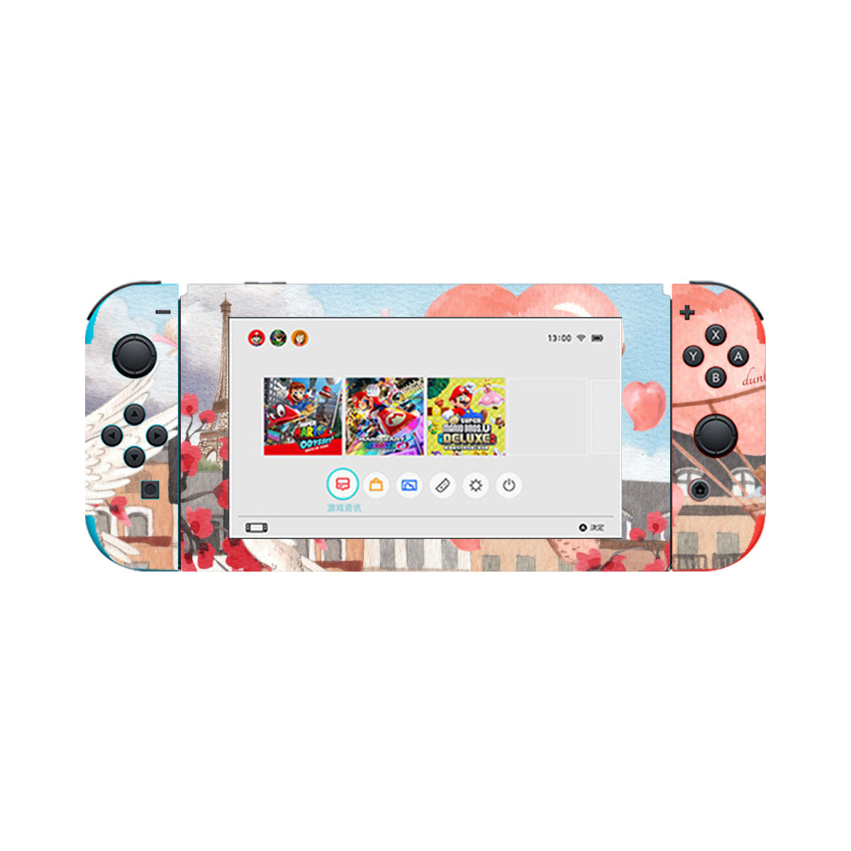 Nintendo Switch Game Console Stickers ｜PVC -Love Up in a Hot Air Balloon, Paris, Eiffel Tower, Dove, Flowers, Girl, Sky, Hearts (Designed by Dunbi)