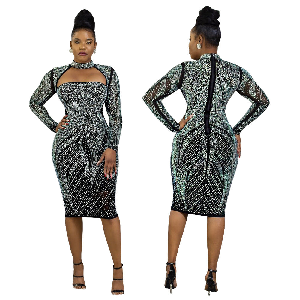 Women's Long Sleeved Zipper Rhinestone Dress nihaodropshipping