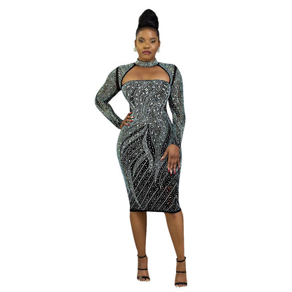 Women's Long Sleeved Zipper Rhinestone Dress nihaodropshipping