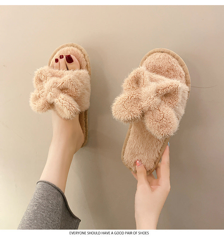 Women's Fuzzy Bow Plush Slippers nihaodropshipping