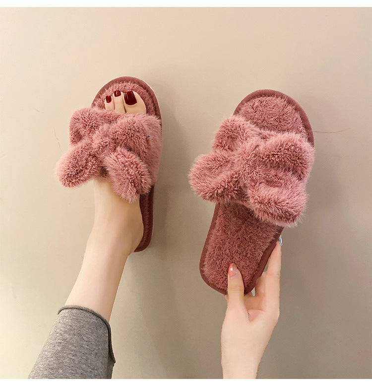 Women's Fuzzy Bow Plush Slippers nihaodropshipping