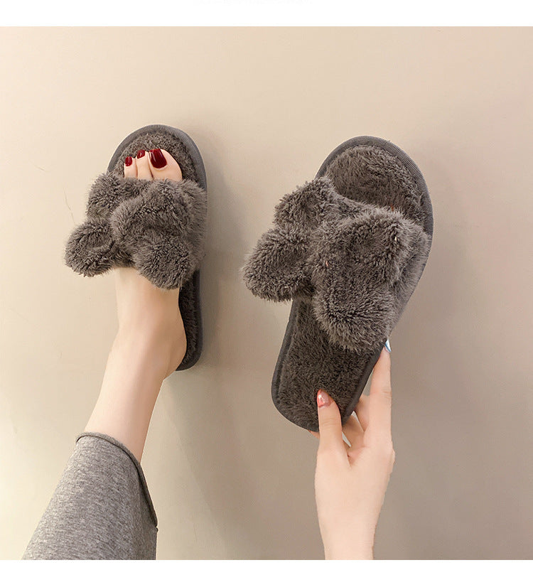 Women's Fuzzy Bow Plush Slippers nihaodropshipping